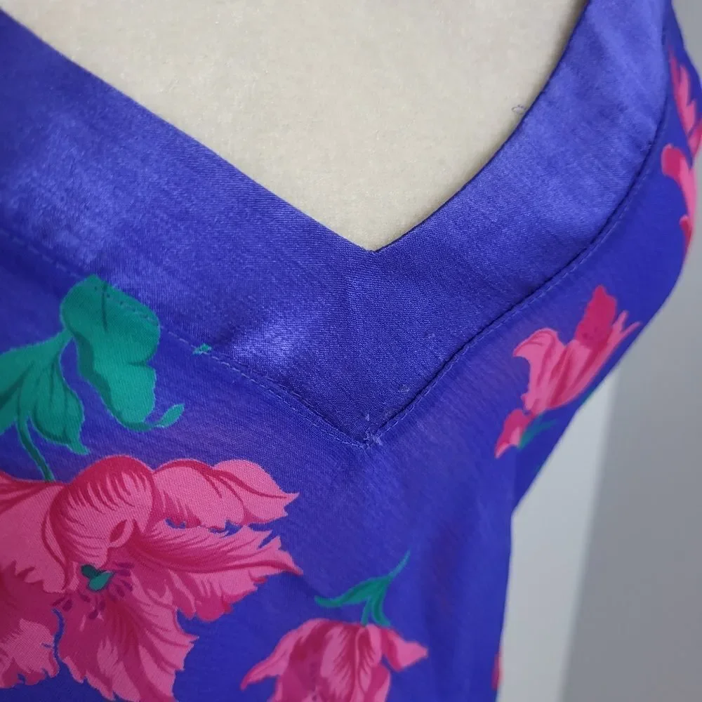 VINTAGE‎ 80s slip dress blue floral chemise strappy M - Picture 4 of 10